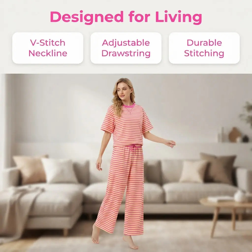 Women's 2-Piece Cotton Blend Loungewear Set - Lightweight Crew Neck Striped Colorblock Tee with Elastic Detail, Adjustable Wide Leg Drawstring Shorts, Casual Matching Women's Clothing Set, Two Piece Set,sohochic loose long pant