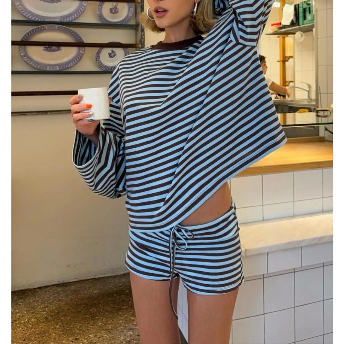 Women's Loungewear Set Soft Polyester Blend Long Sleeve Crop Top And Shorts Comfy Sleepwear