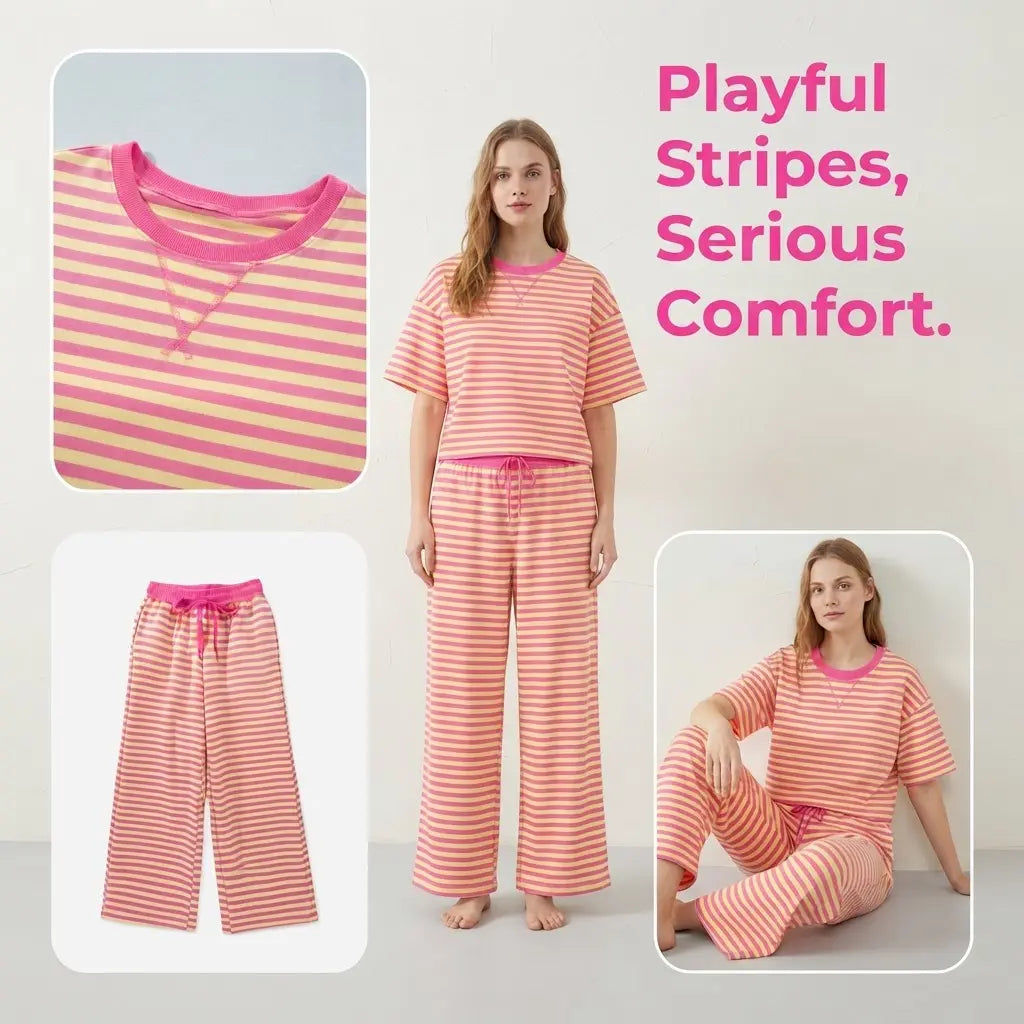 Women's 2-Piece Cotton Blend Loungewear Set - Lightweight Crew Neck Striped Colorblock Tee with Elastic Detail, Adjustable Wide Leg Drawstring Shorts, Casual Matching Women's Clothing Set, Two Piece Set,sohochic loose long pant