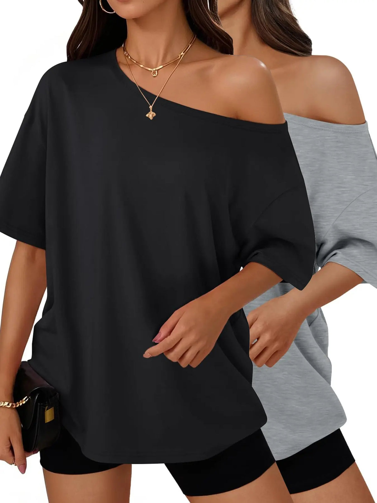 Women's Summer Shoulder-Exposed Sleepwear Set, Loose Fit Short Sleeve T-Shirt, Casual Home Wear, Outdoor Use, Loungewear, 1 Piece, Loose Lounge Clothes