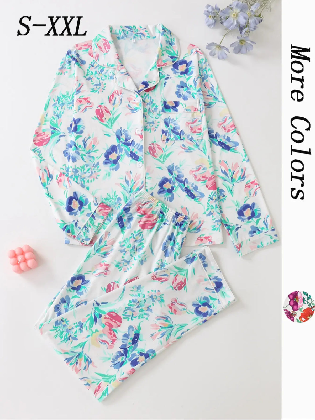 Women's All Over Floral Print Button Front Pocket Shirt & Elastic Waist Pants Pyjama Set, Pyjamas Set, Casual Comfy Two-piece Pj Set, Ladies Sleepwear for All Seasons, Loungewear