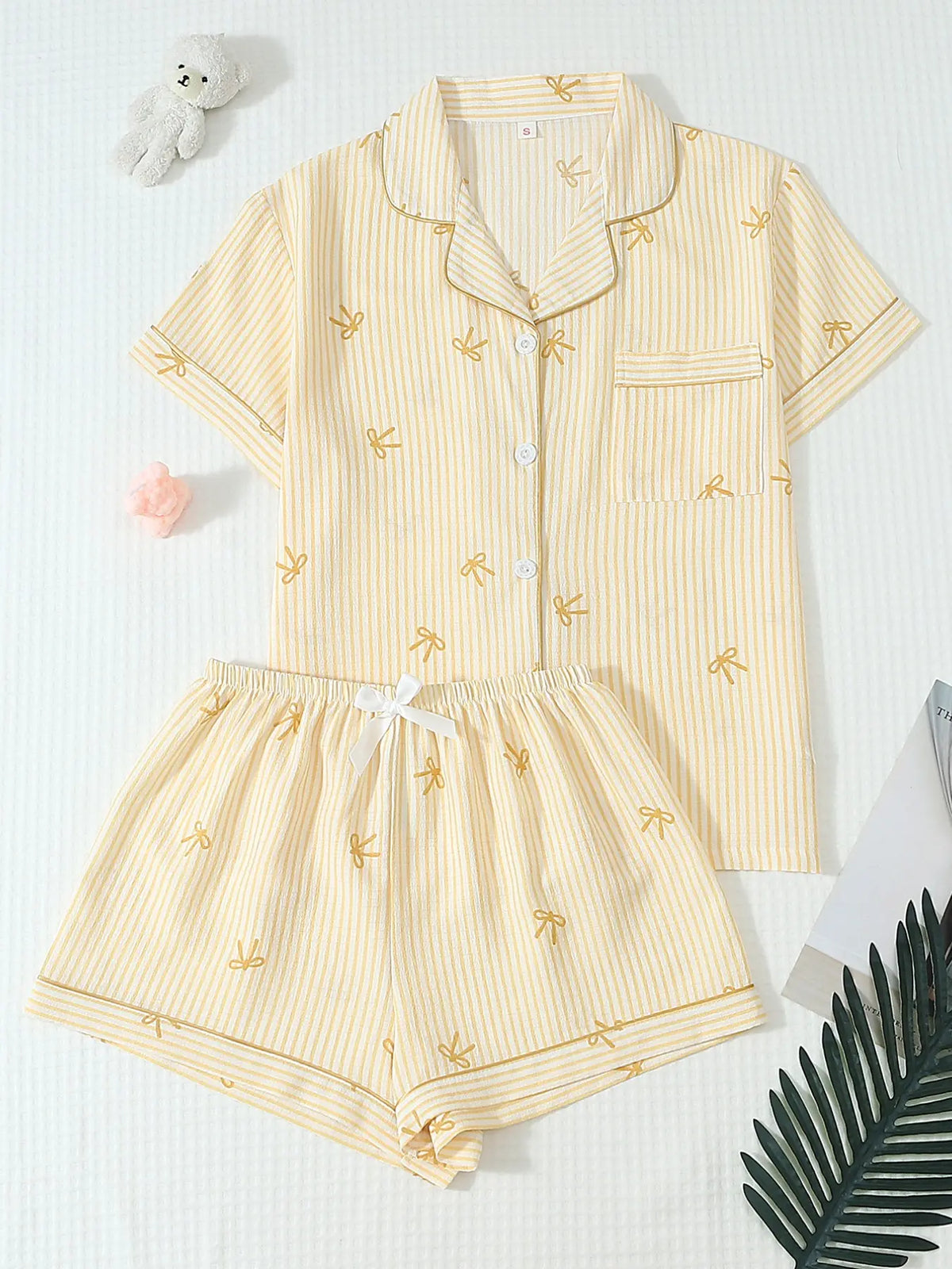 Women's Bow Print Stripe Shirt & Shorts Pyjama, Casual Comfy Short Sleeve Woven Pj Set, Ladies Sleepwear for Summer, Pajamas Sleepwear, Loungewear, Pajama Set