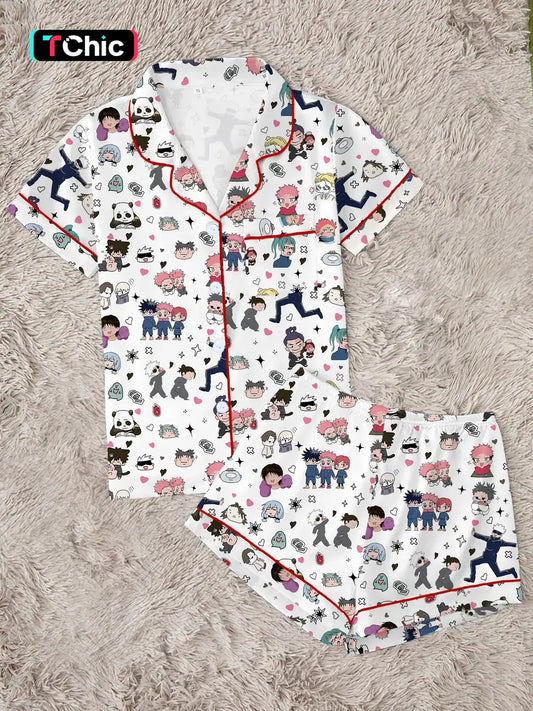 Dark Anime Sorcerer Pajama Set Pyjamas for Women, Cozy Soft Casual Cartoon Print Sleepwear, Street Style Loungewear, Fan Gift, Pjs
