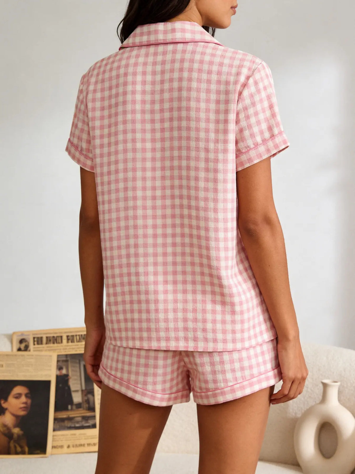 Spring Summer Women's Sleepwear Loungewear Outfit Pajama Set, Casual Pajamas Set, Casual Fitted Nightwear, Womenswear Open Front Lapel Short Sleeve Shorts Two-Piece, Plaid Classic Casual Style Pjs Pyjamas