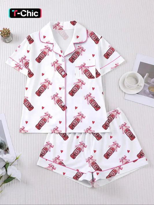 Women's Dr Pepper Sleepwear Set, Loungewear Homewear Pajamas Set, Fitted Pajama Sets, Soft Cartoon Print Fabric, Casual Fitted Design, Perfect for Home & Travel, Comfortable Party Wear, Pyjamas