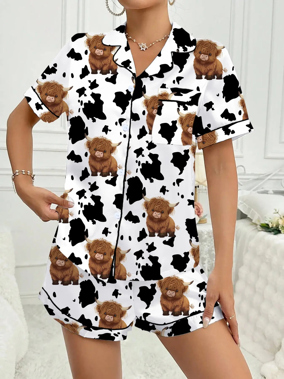 Valentine's Day Women's Sleepwear Loungewear Casual Pajama Set, Comfortable Cute Elastic Highland Cow Milk Cow Pattern Short Shirt and Pants Two-Piece Suit
