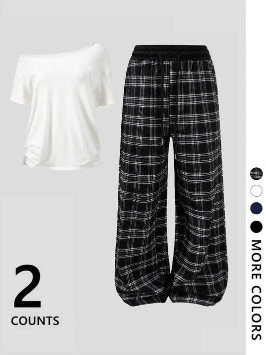 Women's Off-Shoulder Loose Short Sleeve Top with Plaid Pants Pajama Set, Nightwear Loungewear Set, Loungewear, Homewear, Fashionable and Comfortable, Ideal for Daily Activities and Home Wear, Matching Loungewear