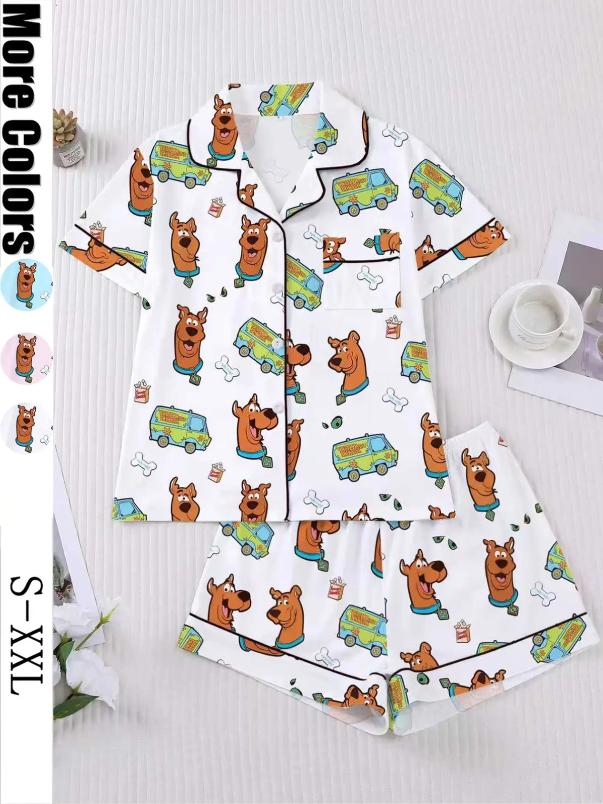 Women's Cartoon Pajama Set, Loungewear, Pyjamas, Pjs, Short Sleeve Button Front Top & Elastic Shorts, Elegant Fitted Sleepwear, Comfortable Homewear, Cartoon Pattern Pajamas