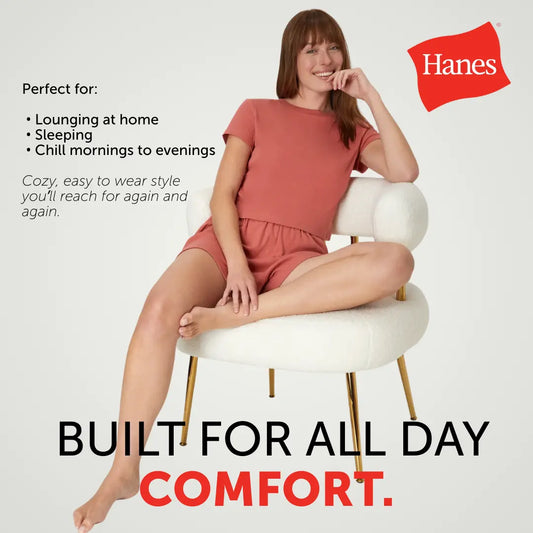 Hanes Originals Women's 2-Piece Lounge Set RIBBED SuperSoft Cropped Baby Doll Tee & Sleep Shorts Loungewear Comfort Pajama Womenswear