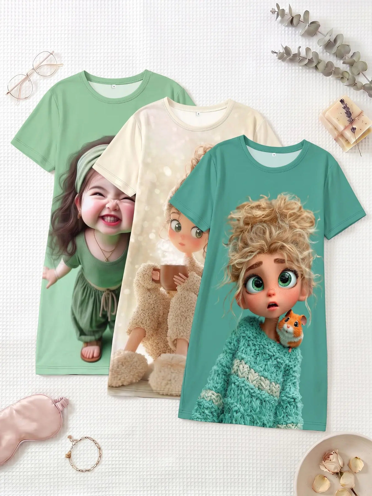 3-Piece Set Cute Plush Animal Large Print Short Sleeve Round Neck Women's Nightgown Pajamas Pjs, Spring Summer Autumn Wear, Casual Home Sleepwear