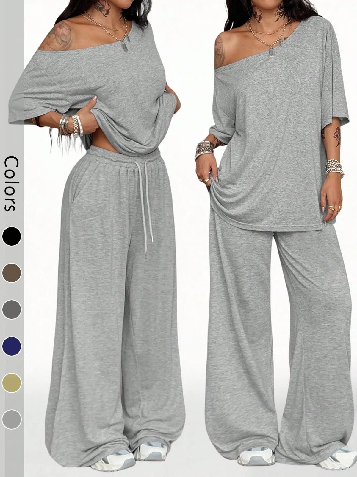 Women's 2-Piece Sleepwear Set Loungewear Outfit, Casual Solid Color, Loose Short Sleeve Top and Long Pants, Comfortable Homewear