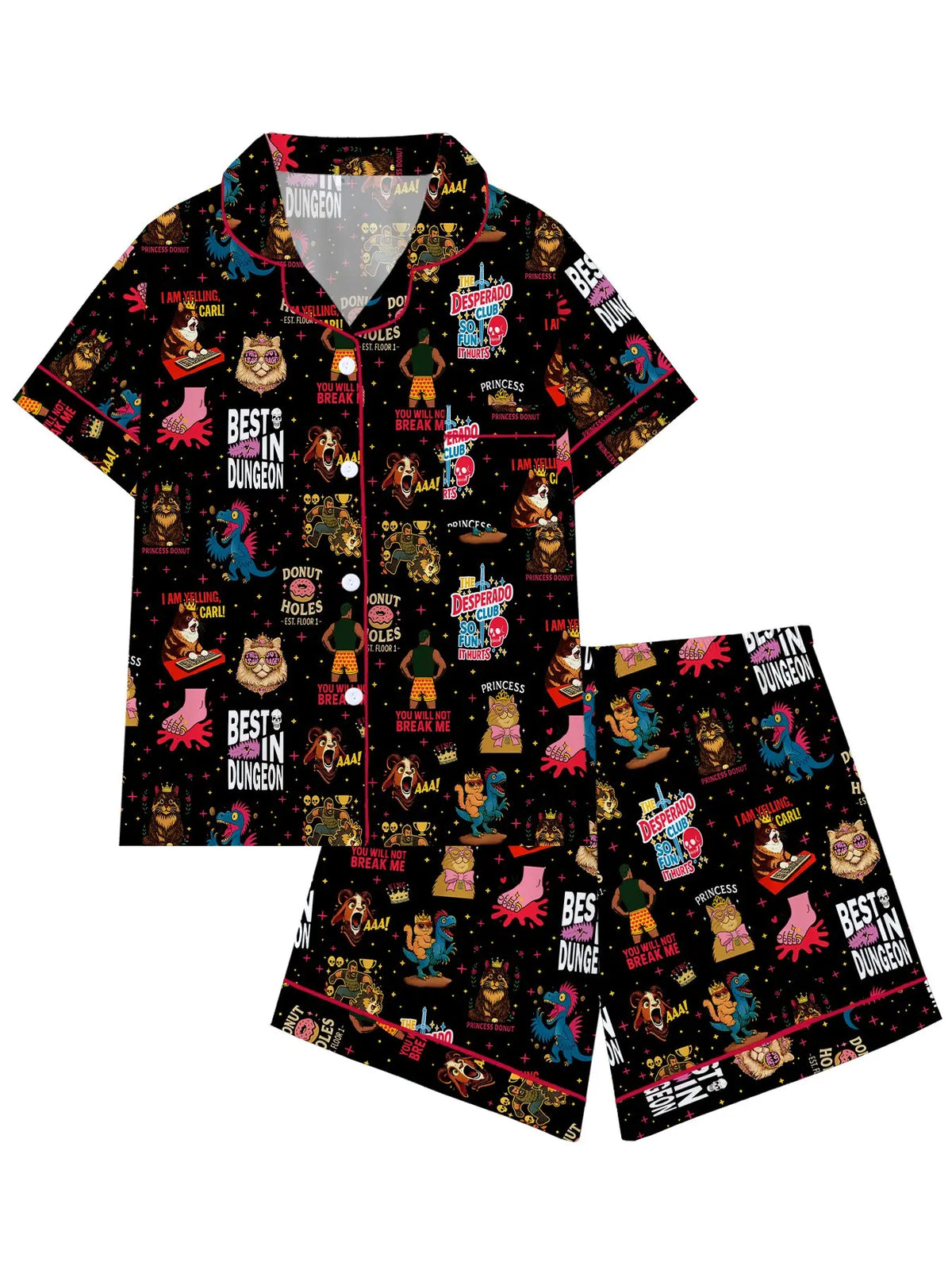 Women's Cute Dungeon Cat Print Pajama Set, Cozy Fantasy Sleepwear Set, Short-Sleeve Fitted Shirt and Pants, Two-Piece Homewear Set, Lightweight Loungewear, Nightwear Pajamas, Nightwear Outfit for Party Wear