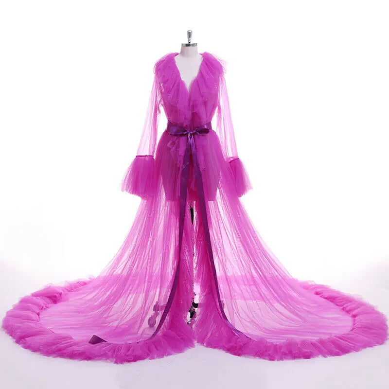 Women Kimono Dress Sheer Tulle V-Neck Long Flare Sleeves Floor Length Night-Robe Lingerie