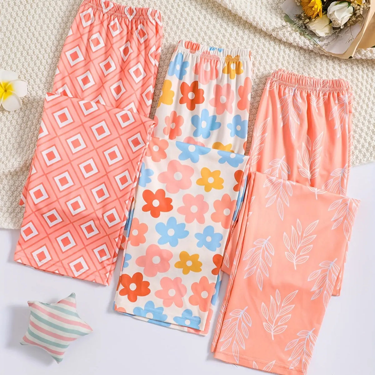 2026 Cute Summer 3 PCS Set Per Pack Sleeping Pants Women's Soft Drawstring Elastic Waist Loose Cute Heart Knit Causal Pajamas Trousers Red PJ Bottom Comfort Loungewear  Fabric Casual Floral Pajama Set pantalón  pijama matching pants pjs pants  pyjama