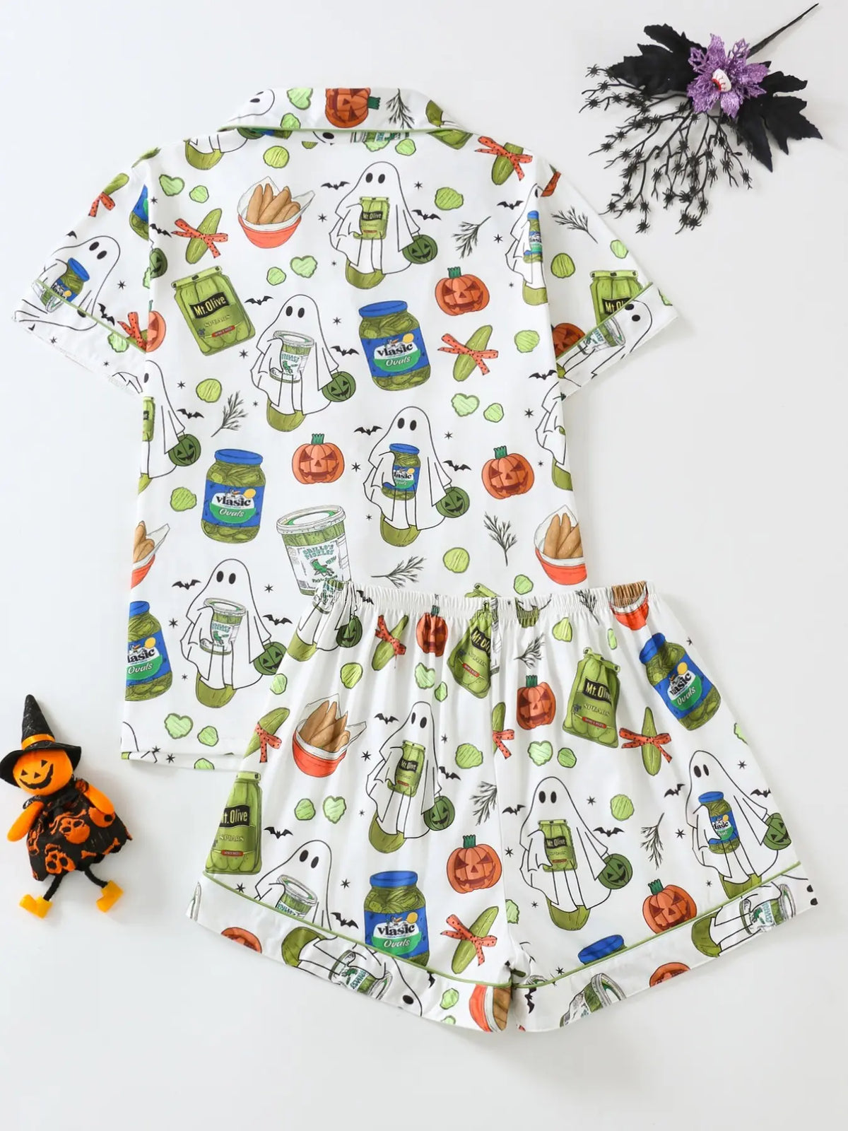 Women's Halloween Pyjama Set, Fun Print Pumpkin Nurse Ghost Full Print, Fitted Short Sleeve Top + Loose Comfortable Shorts, Casual Sleepwear, Halloween Loungewear