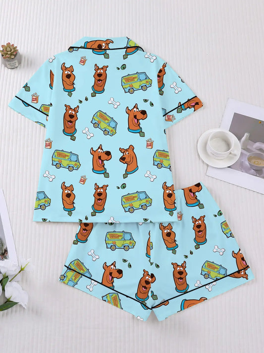 Women's Cartoon Pajama Set, Loungewear, Pyjamas, Pjs, Short Sleeve Button Front Top & Elastic Shorts, Elegant Fitted Sleepwear, Comfortable Homewear, Cartoon Pattern Pajamas