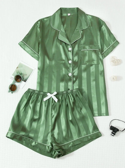 Women's 2-Piece Satin Pajama Set, Striped Collared Short Sleeve Top with Pockets, Bow Shorts, Loungewear Shorts Sets, Casual Home Wear, Fitted Style, Loungewear, Loungewear Outfit, Homewear, Nightwear, Pjs, Pyjamas