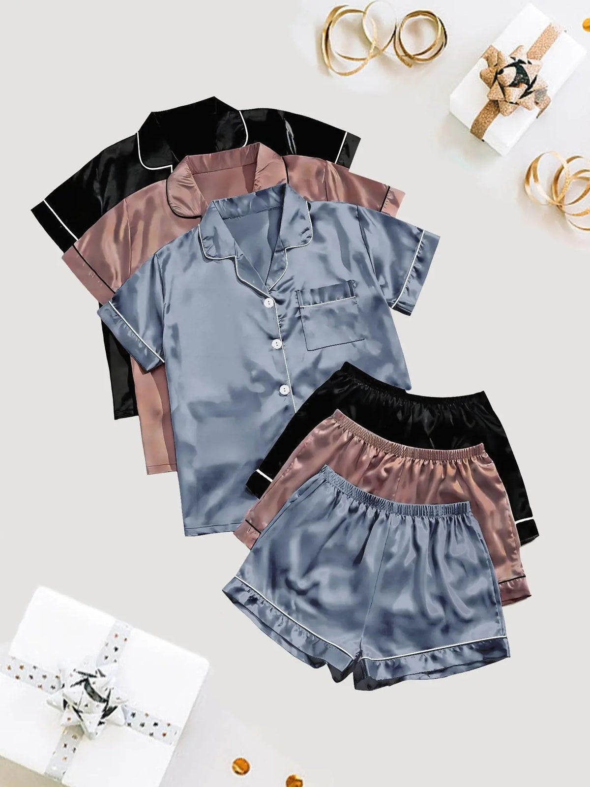 Women's Solid Satin Pyjama Set, Short Sleeve Button Front Lapel Shirt & Contrast Binding Shorts PJ Set, Summer Sleepwear Set, Loungewear, Pajamas, Silky Satin Pajama