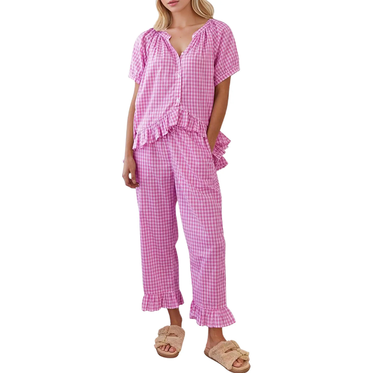 Buenoble Womens Plaid 2 Piece Pajamas Sets Gingham Button Down Puff Sleeve Babydoll Shirt Ruffle Pants Y2K Pjs Lounge Set