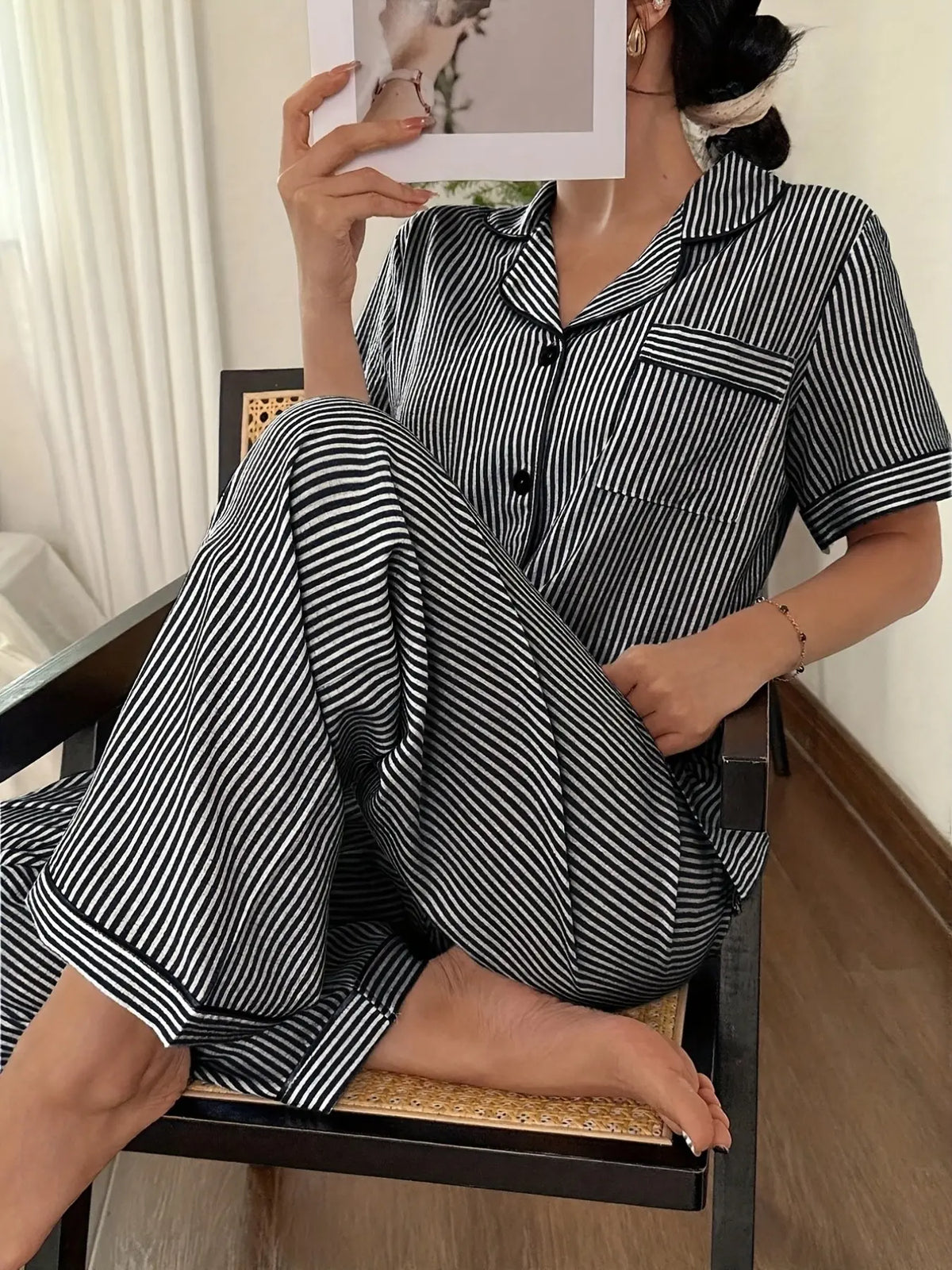 Women's Striped Print Button Front Short Sleeve Top and Bow Tie Long Pants Pajama Set, Casual Home Wear, All Seasons Loungewear, Nightwear Sleepwear