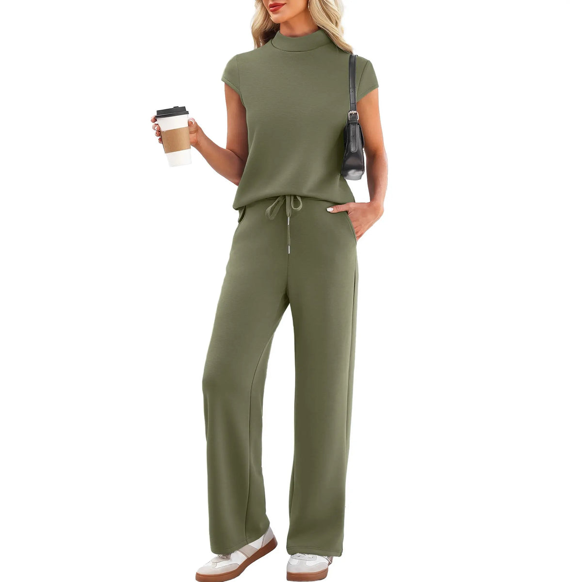 Women's 2-Piece Minimalist Lounge Set - Mock Neck Short Sleeve Top, Wide Leg Drawstring Pants, Breathable Fabric Summer Travel Basics, Cap-Sleeve Chic Sohochic