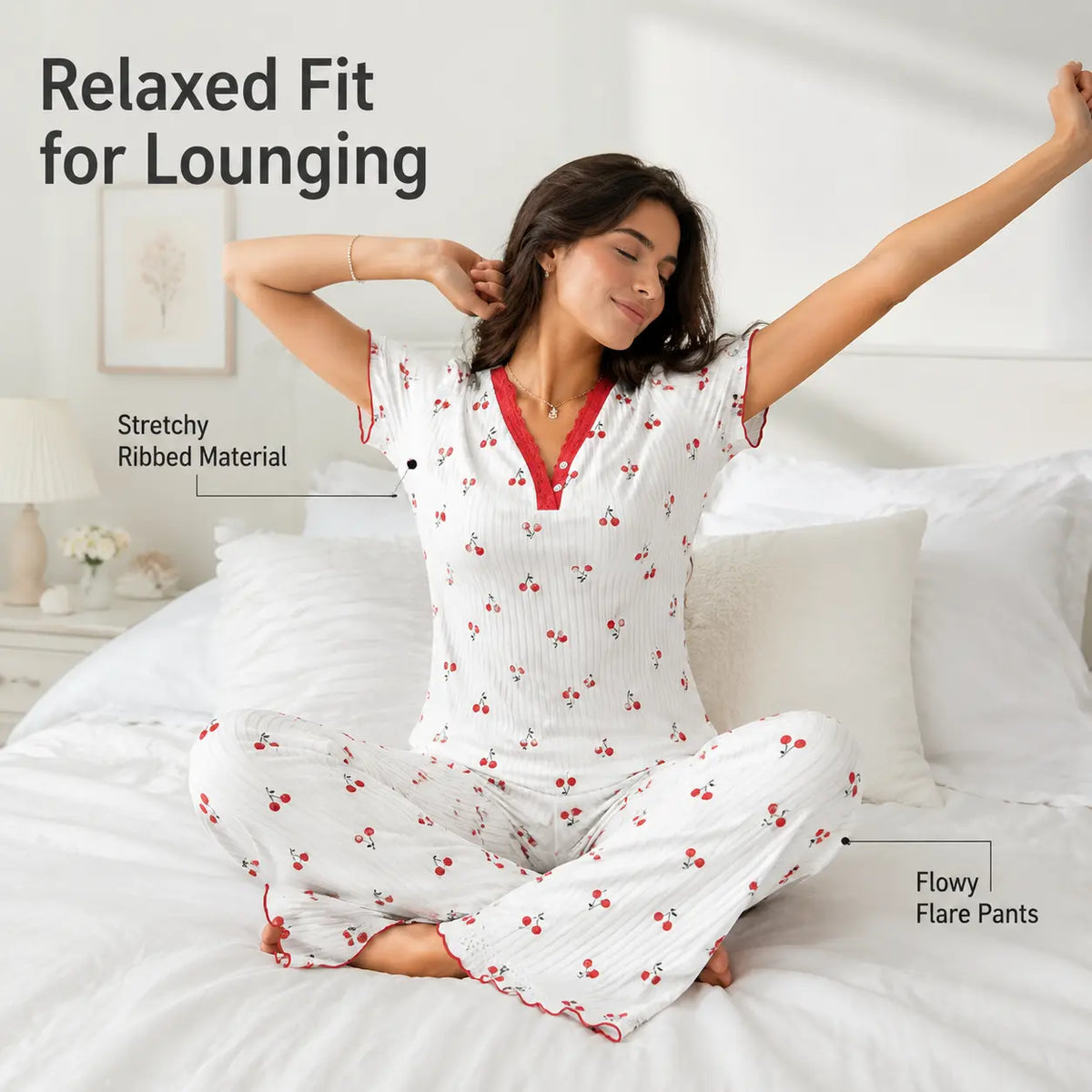 FEITAI Women's 2-Piece Floral Cherry Print Nightwear Set - Ribbed Knit Short Sleeve V-Neck Button Front Henley Top with Lace, Matching Stretchy Fabric Fit Pants, Feminine Sleepwear Loungewear