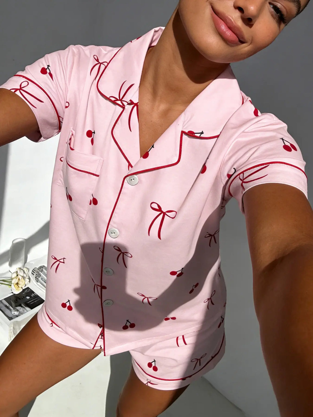 Women's Cherry Bow Printed Sleepwear Set, Short Sleeve Shorts Lapel Open Front Home Wear Two-Piece Set, Comfortable Sofa Loungewear Pajamas