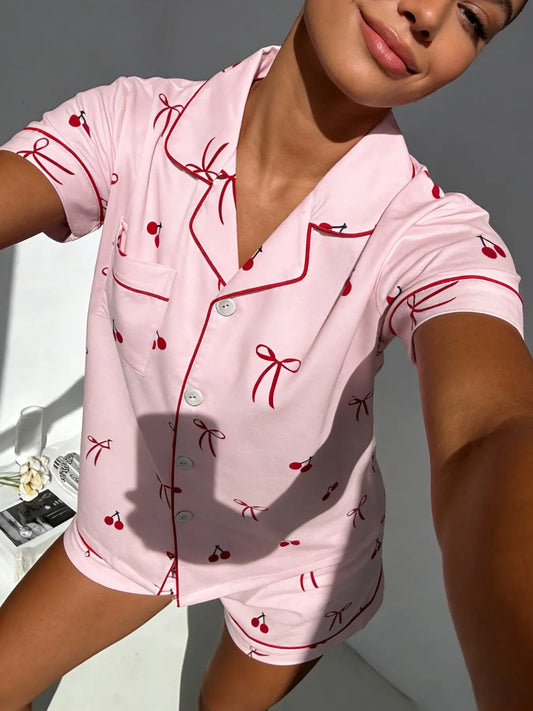 Women's Cherry Bow Printed Sleepwear Set, Short Sleeve Shorts Lapel Open Front Home Wear Two-Piece Set, Comfortable Sofa Loungewear Pajamas