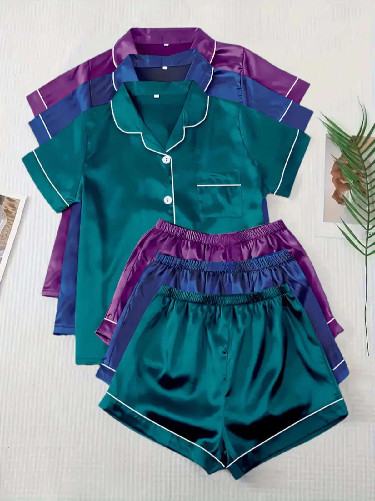 Women's Solid Satin Pyjama Set, Short Sleeve Button Front Lapel Shirt & Contrast Binding Shorts PJ Set, Summer Sleepwear Set, Loungewear, Pajamas, Silky Satin Pajama
