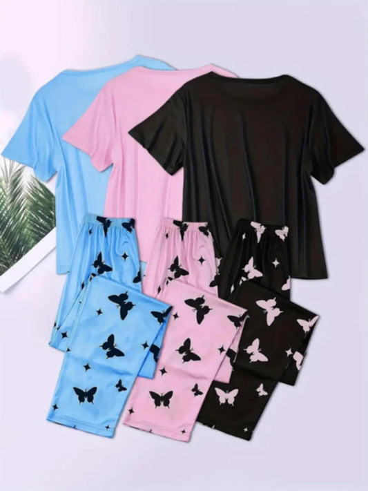 6-Piece Aesthetic Heart Butterfly Print Knitting Pajama Set, Short Sleeve Round Neck Top and Elastic Waist Pants, Women's Sleepwear, Pyjamas, Loungewear and Casual Wear, All Seasons, Fit