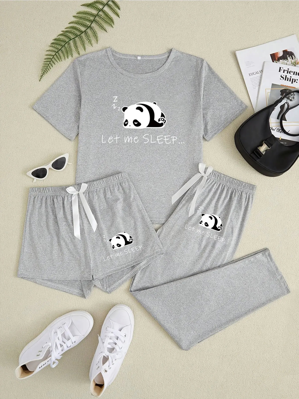 Cute Panda Three-Piece Home Set, Casual Loose-Fitting Cartoon Pattern, All-Seasons Comfortable Sleepwear, Pajama, Loose Fit Pajamas, Homewear, Loungewear, Pjs, Perfect for Daily Wear, Casual Comfy Pyjama