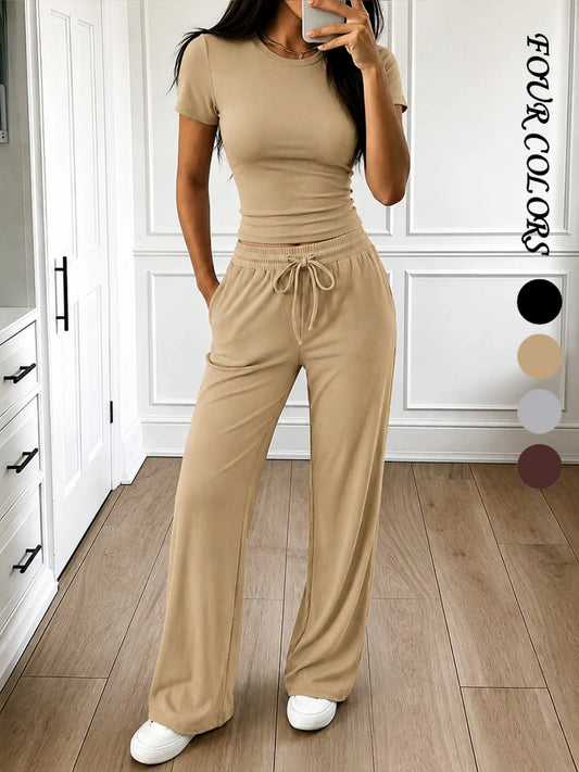 Women's Two-Piece Casual Set, Short Sleeve Top & Wide-Leg Pants with Pockets, Comfortable for Daily Wear, Casual Everyday Set