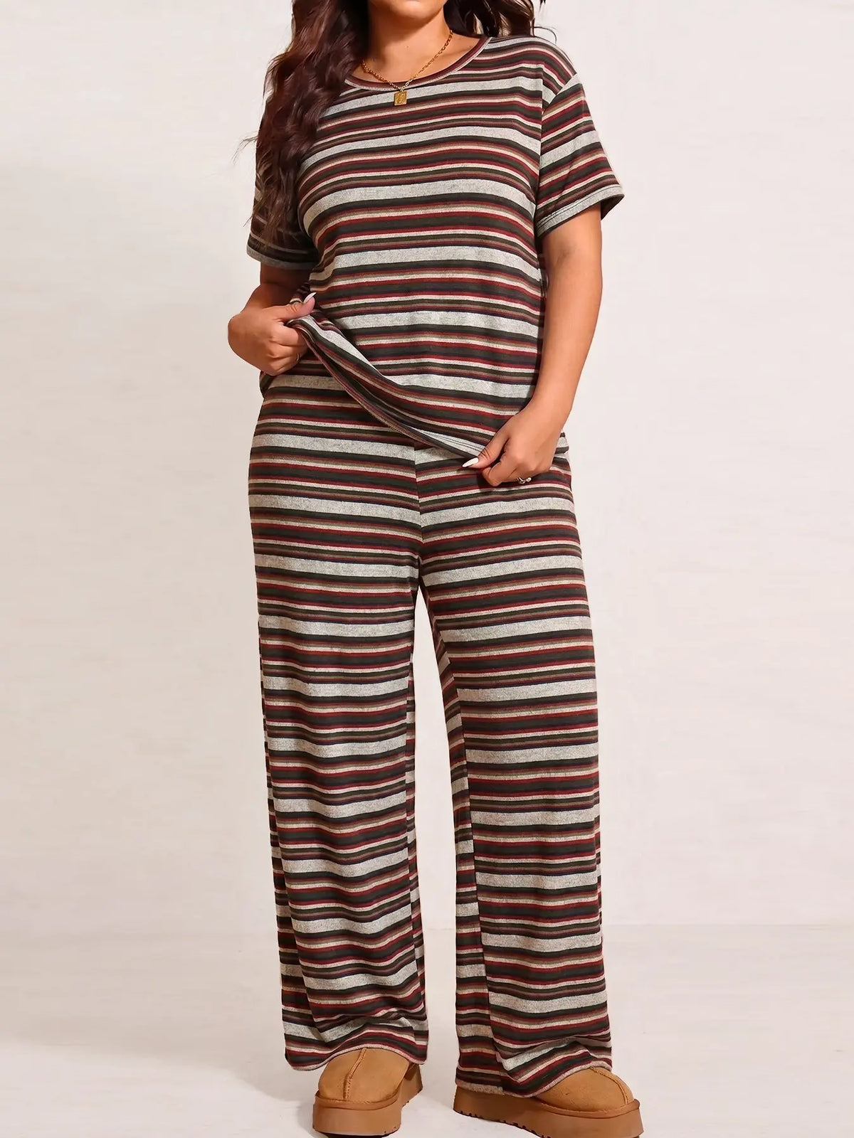 Women's Plus Size Striped Print Drop Shoulder T-Shirt and Long Pants Sleepwear Set, Comfortable Home Wear Loungewear, Casual Fashion Night Outdoors Walking