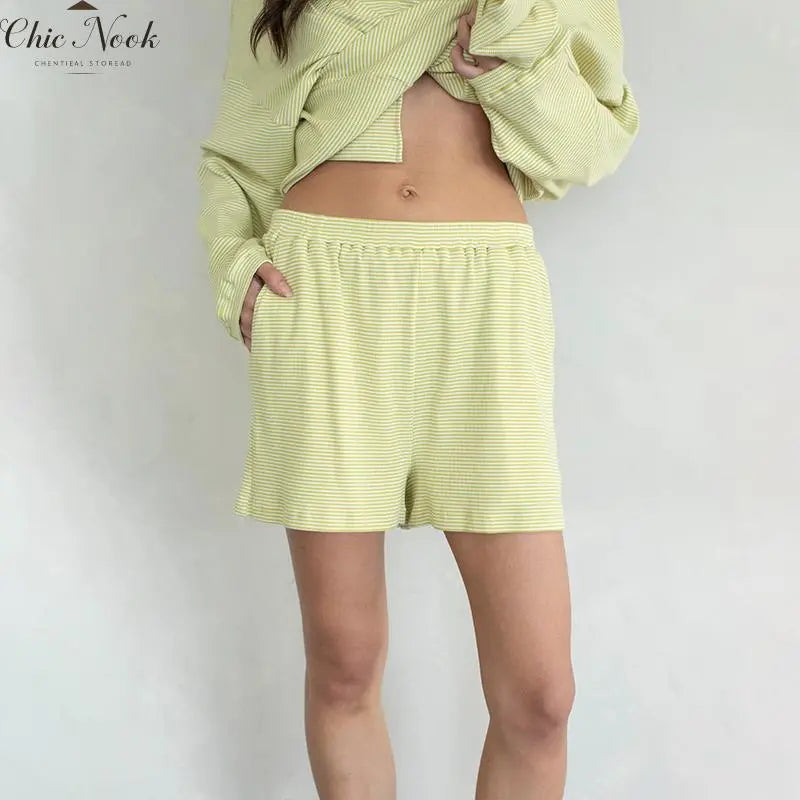 Women's Striped 2 Piece Lounge Set Oversized Long Sleeve T-Shirts Drawstring High Waisted Shorts Summer Pajama Sets