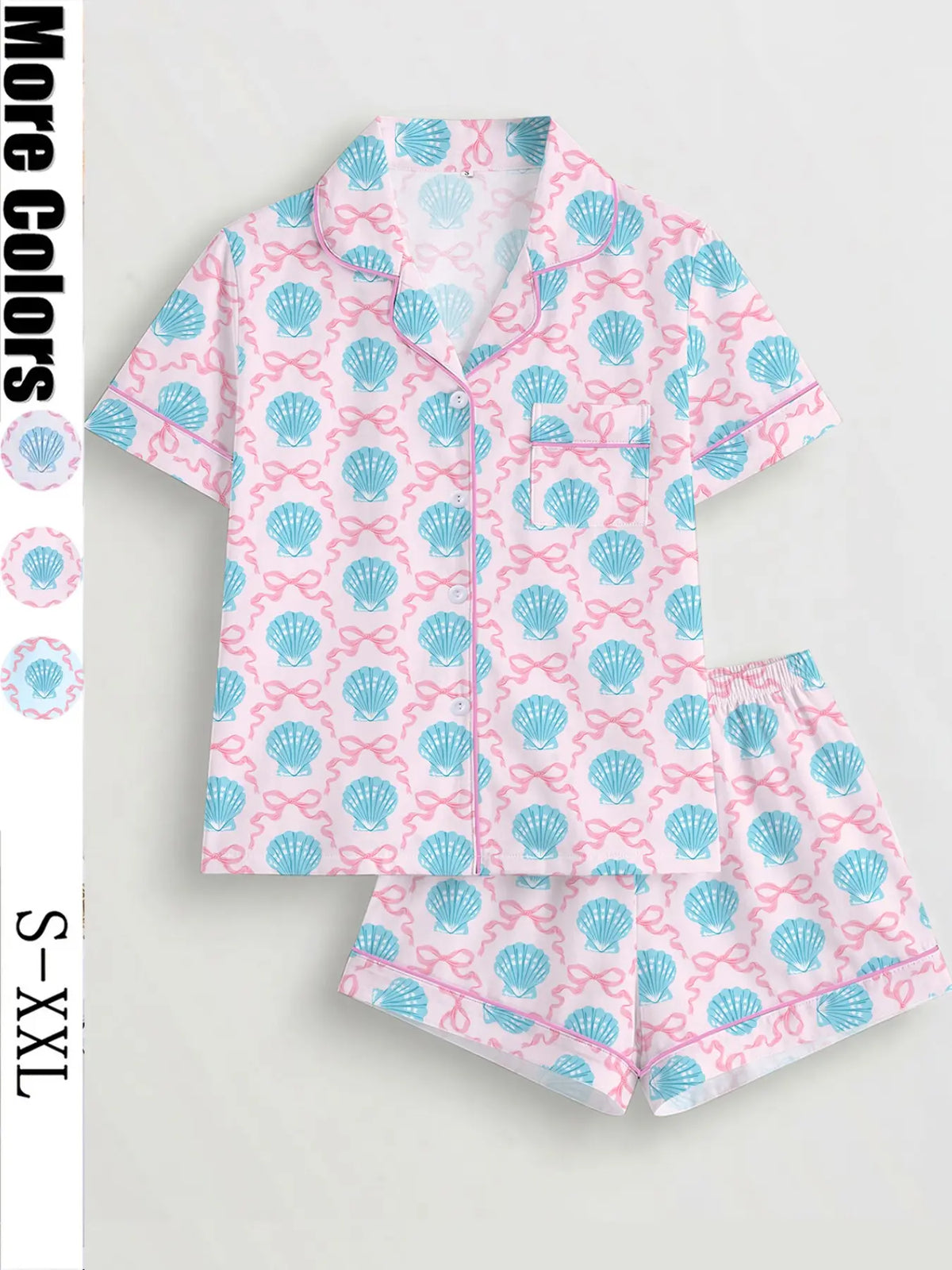 Women's 2-Piece Pajama Set, Shell Butterfly Print, Casual Fitted Top & Elastic Shorts, Comfortable Home Wear, Perfect Gift, Knit Loungewear Pajamas