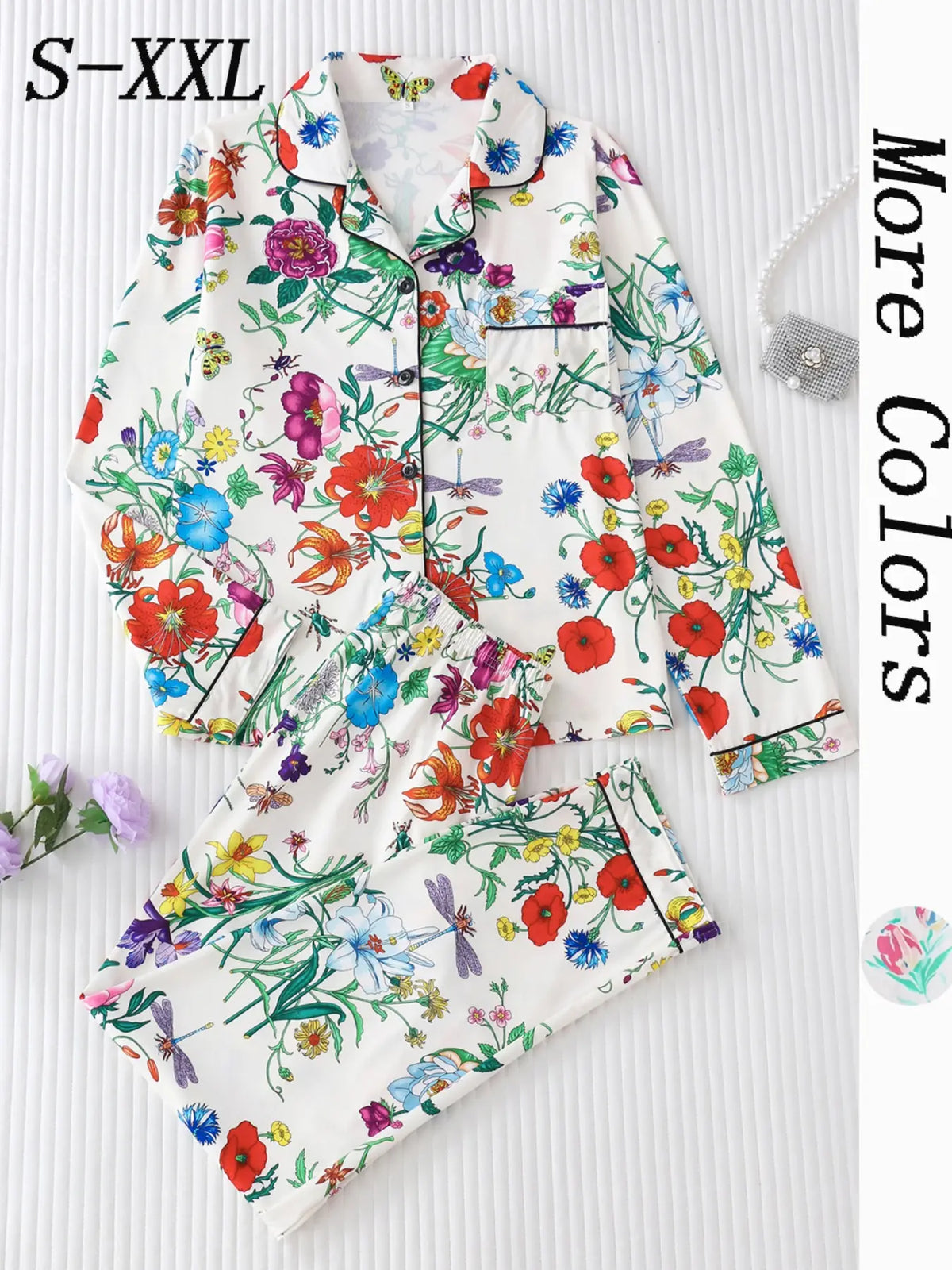 Women's All Over Floral Print Button Front Pocket Shirt & Elastic Waist Pants Pyjama Set, Pyjamas Set, Casual Comfy Two-piece Pj Set, Ladies Sleepwear for All Seasons, Loungewear