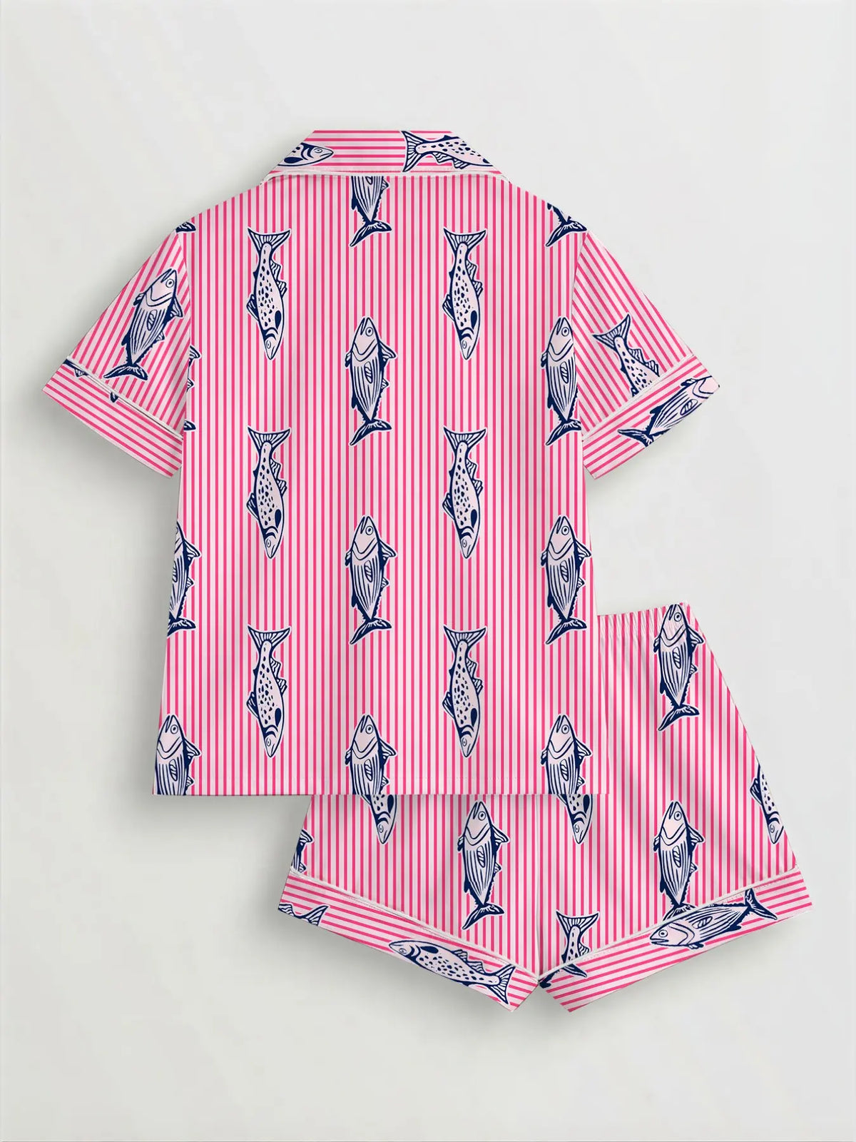 Women's Fish-Print Pajama Set, Short-Sleeve Button-Up Top and Elastic Shorts, Comfortable All-Season Loungewear for Home