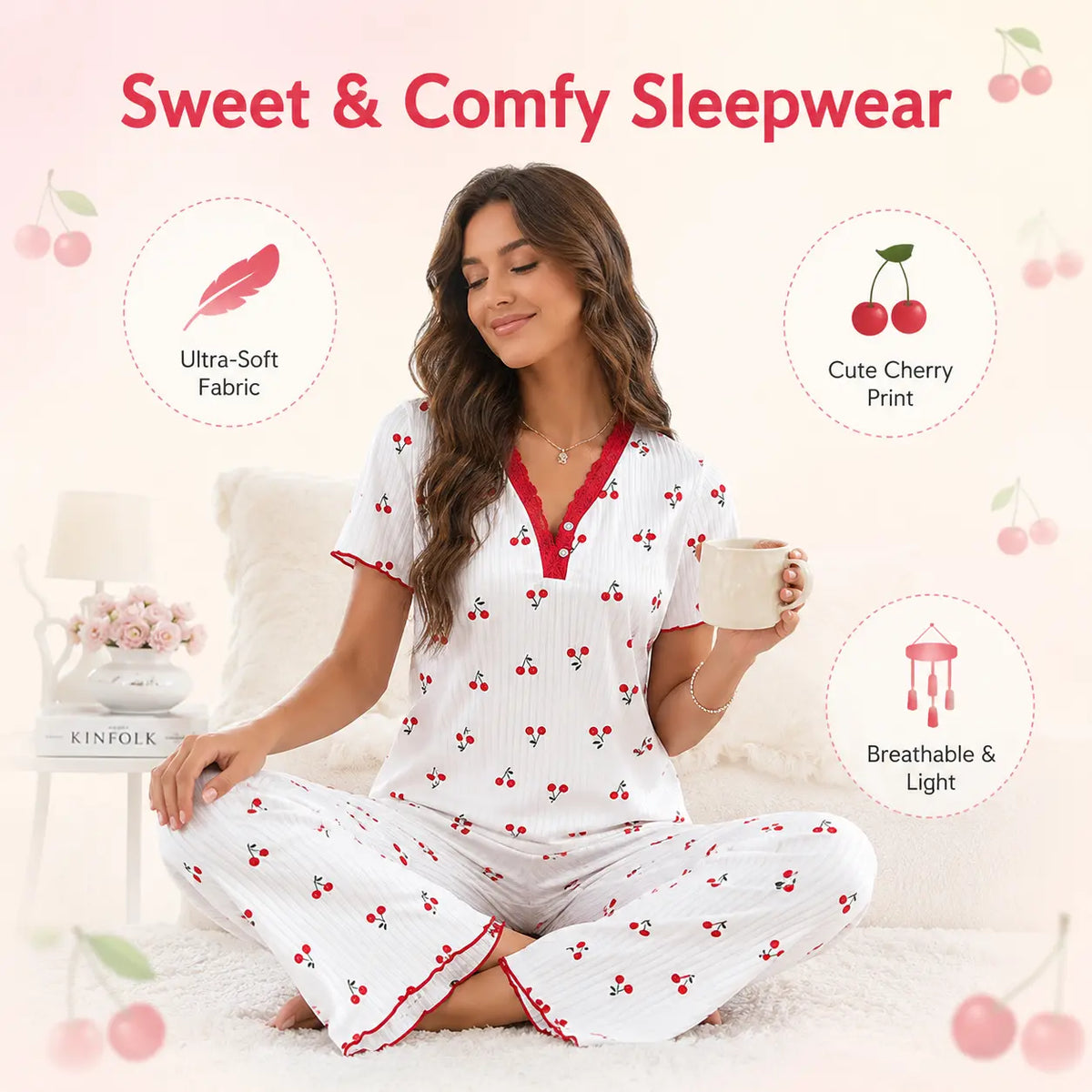 FEITAI Women's 2-Piece Floral Cherry Print Nightwear Set - Ribbed Knit Short Sleeve V-Neck Button Front Henley Top with Lace, Matching Stretchy Fabric Fit Pants, Feminine Sleepwear Loungewear