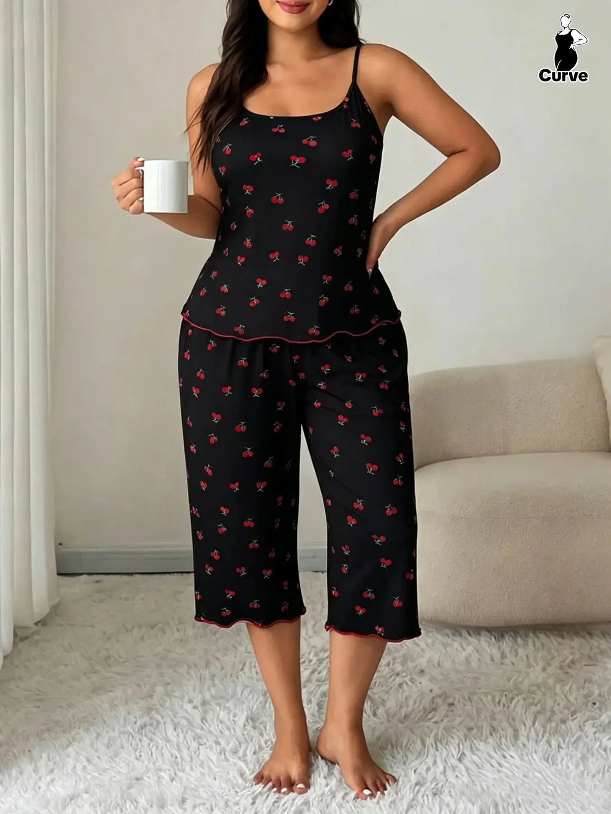 Women's Cherry Print Sleeveless Pajama Set, Cami Top & Wide-Leg Pants, Comfortable Stretch Sleepwear & Loungewear for All Seasons