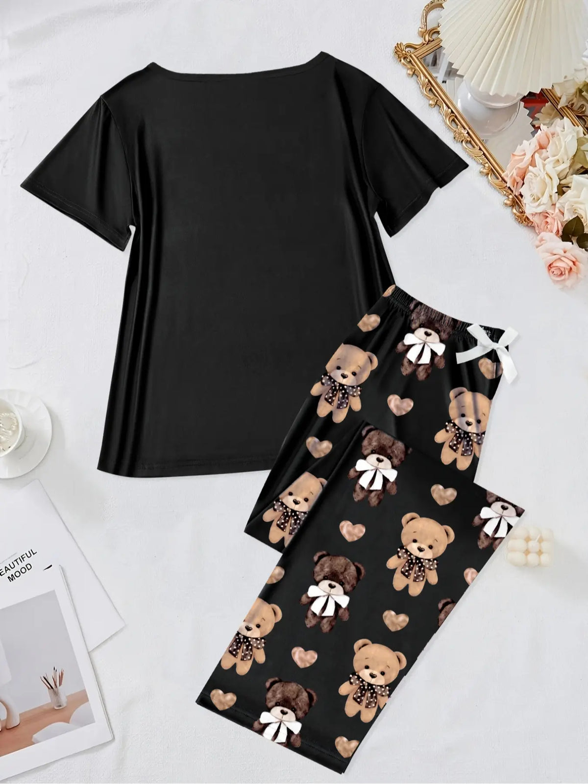6-Piece Aesthetic Heart Butterfly Print Knitting Pajama Set, Short Sleeve Round Neck Top and Elastic Waist Pants, Women's Sleepwear, Pyjamas, Loungewear and Casual Wear, All Seasons, Fit