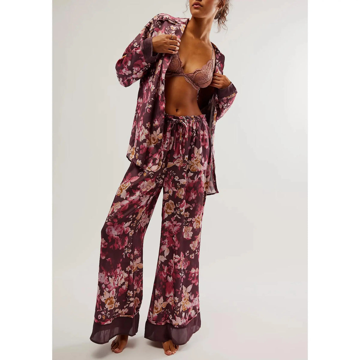 Women's Floral Satin Pajama Set, Long Sleeve Button-Down Shirt & Wide Leg Pants, Silky Sleepwear Loungewear Set for Women