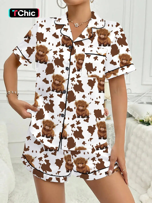Valentine's Day Women's Sleepwear Loungewear Casual Pajama Set, Comfortable Cute Elastic Highland Cow Milk Cow Pattern Short Shirt and Pants Two-Piece Suit
