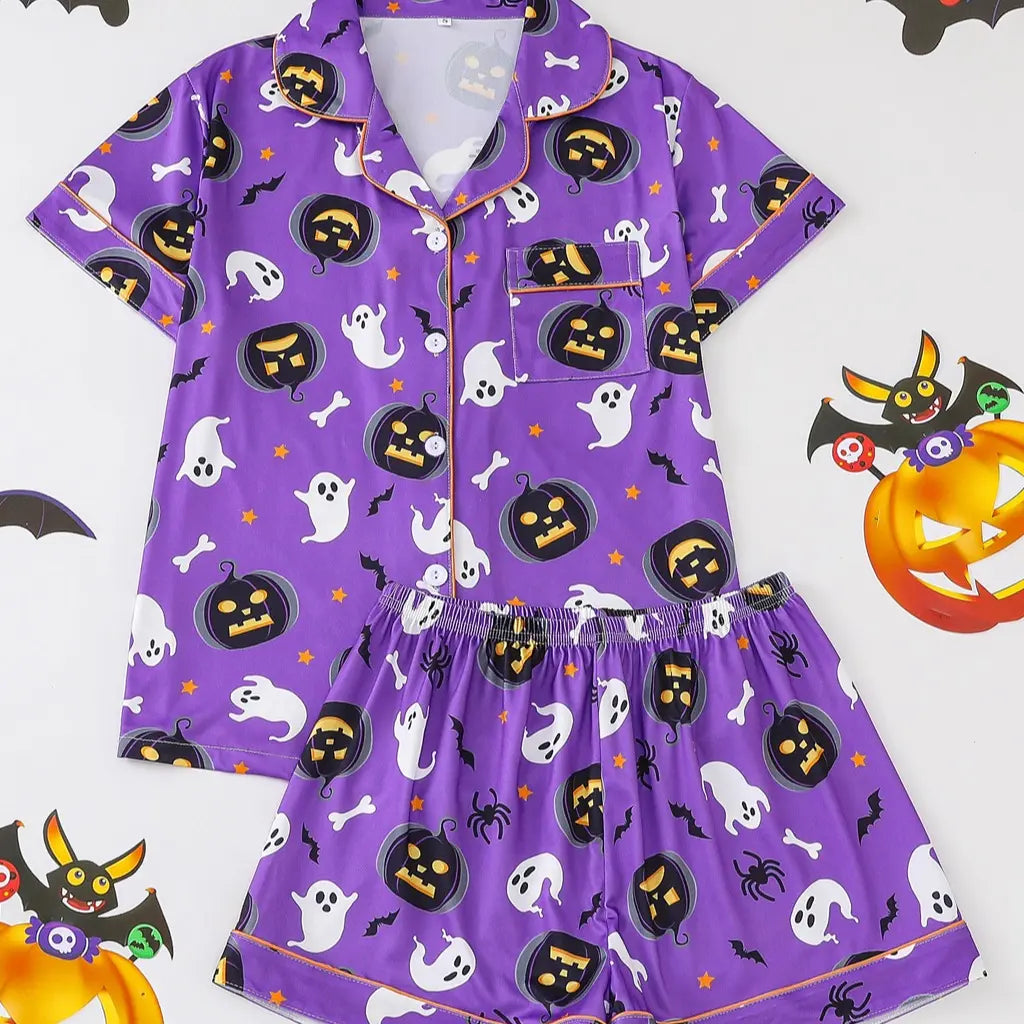 Msrlassn Women's Halloween Print Lapel Neck Pajama Set Casual Comfy Short Sleeve Top & Shorts Pj Set Ladies Sleepwear for All Seasons Loungewear