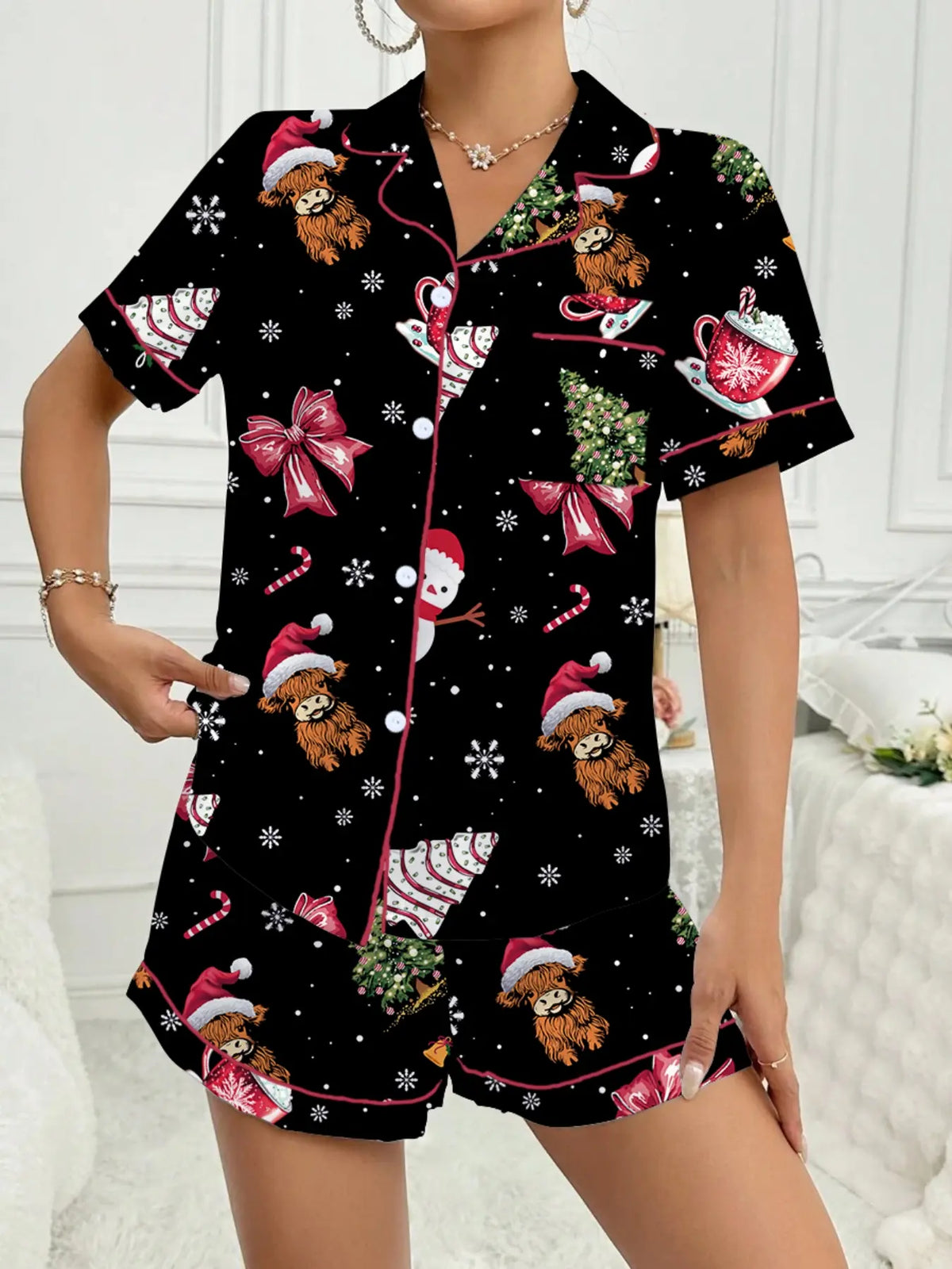 【Halloween】 Pumpkin & Bat Print Short Sleeve Fitted Women's Pajama Set Pjs, Knitted Fabric Sleepwear, Comfortable Elastic Casual Sleepwear and Loungewear for Halloween, Perfect for Sleep and Leisure