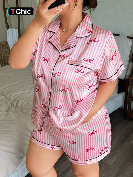 Women's Plus Size Satin Pajama Set, Cute Striped Butterfly Print, Summer Short Sleeve Collared Top and Bow Shorts, Casual Home Wear, Loungewear Sleepwear Set, Shorts Pajamas Set