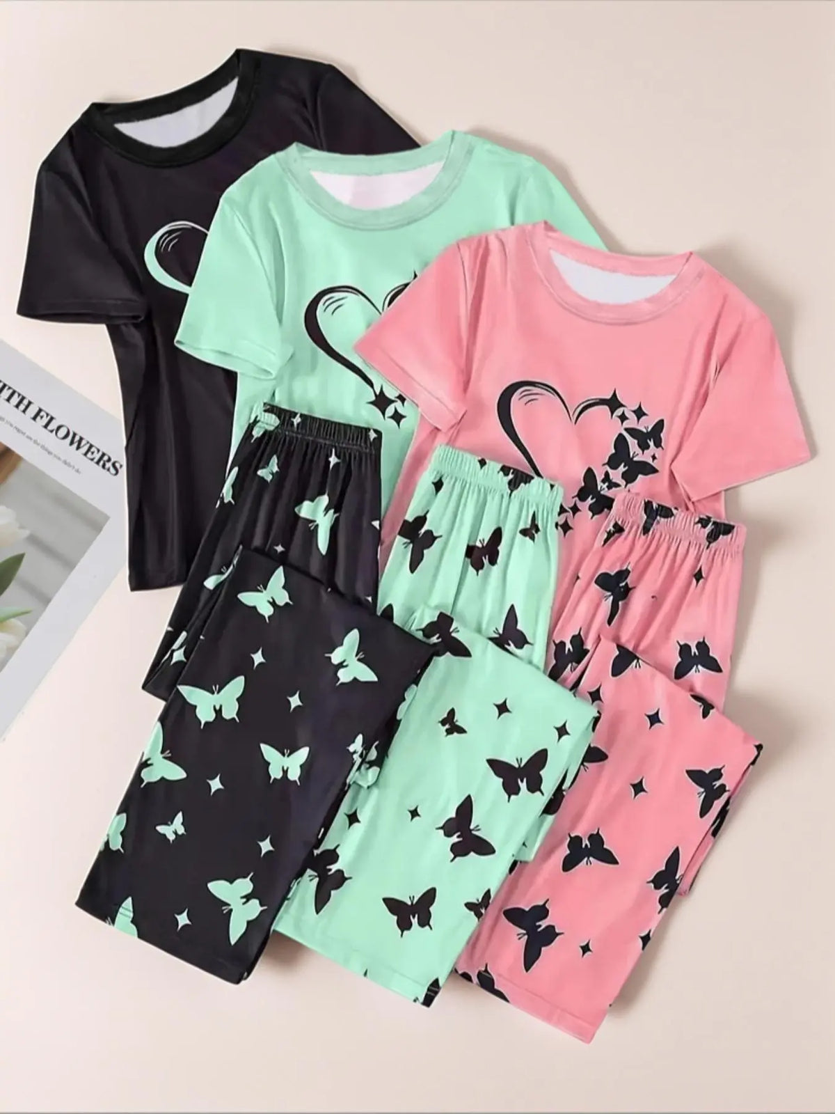 6 Counts Women's Heart & Butterfly Print Pajama Set, Short Sleeve Tee & Elastic Waist Pants Loungewear Set, Women Cute Nightwear, All Seasons Nightwear, PJ Sets for Women, Casual Sleepwear Loungewear, Love Print Sleepwear, Summer Outfits 2024