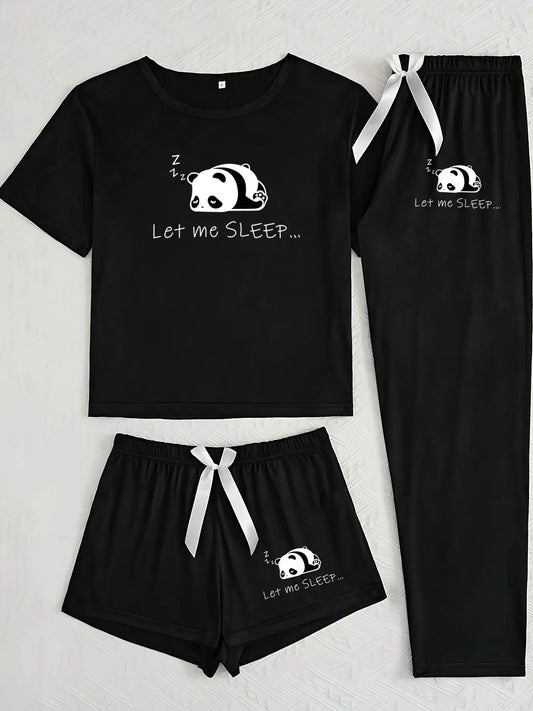 Cute Panda Three-Piece Home Set, Casual Loose-Fitting Cartoon Pattern, All-Seasons Comfortable Sleepwear, Pajama, Loose Fit Pajamas, Homewear, Loungewear, Pjs, Perfect for Daily Wear, Casual Comfy Pyjama