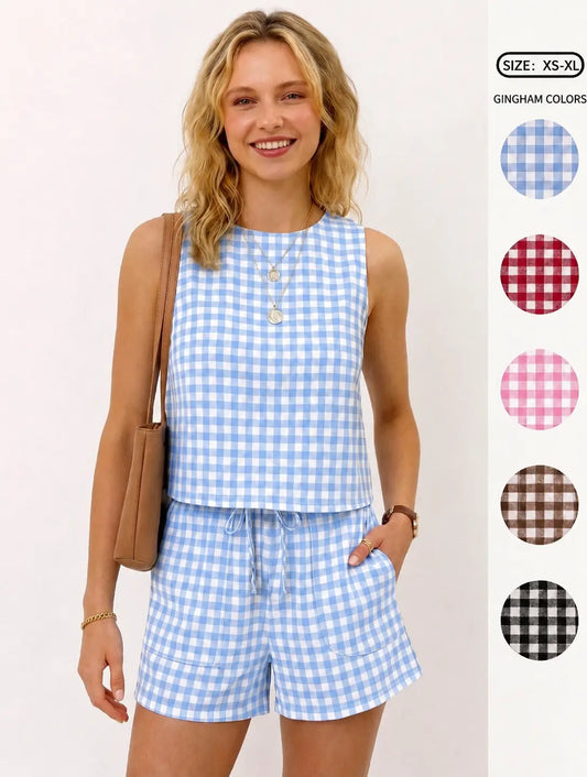 IDEALSANXUN Women's 2-Piece Casual Fashion Set - Sleeveless Round Neck (Crew Neck) Ribbed Gingham Knit Top & Above-the-Knee Shorts, Spring Summer Womenswear Clothing Set