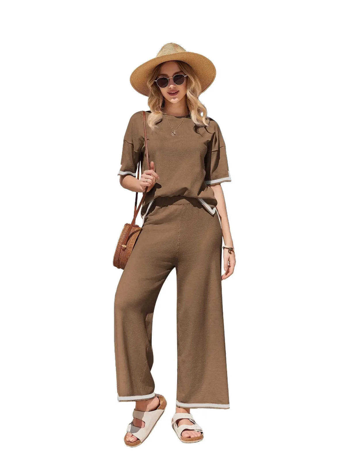 Ekouaer Women's 2-Piece Soft Solid Knitting Rayon Loungewear Set - Crew Neck Pullover Sweater Top with Patchwork Sleeves, Wide Leg Tracksuit Pants with Split Design, Casual Nightwear