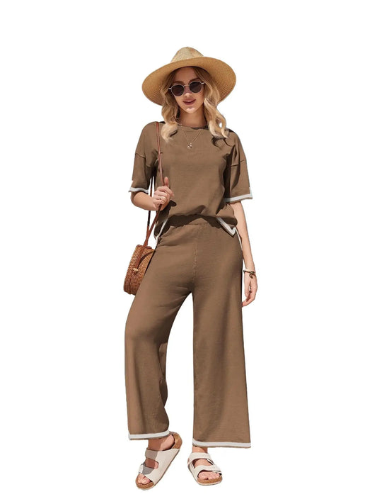 Ekouaer Women's 2-Piece Soft Solid Knitting Rayon Loungewear Set - Crew Neck Pullover Sweater Top with Patchwork Sleeves, Wide Leg Tracksuit Pants with Split Design, Casual Nightwear